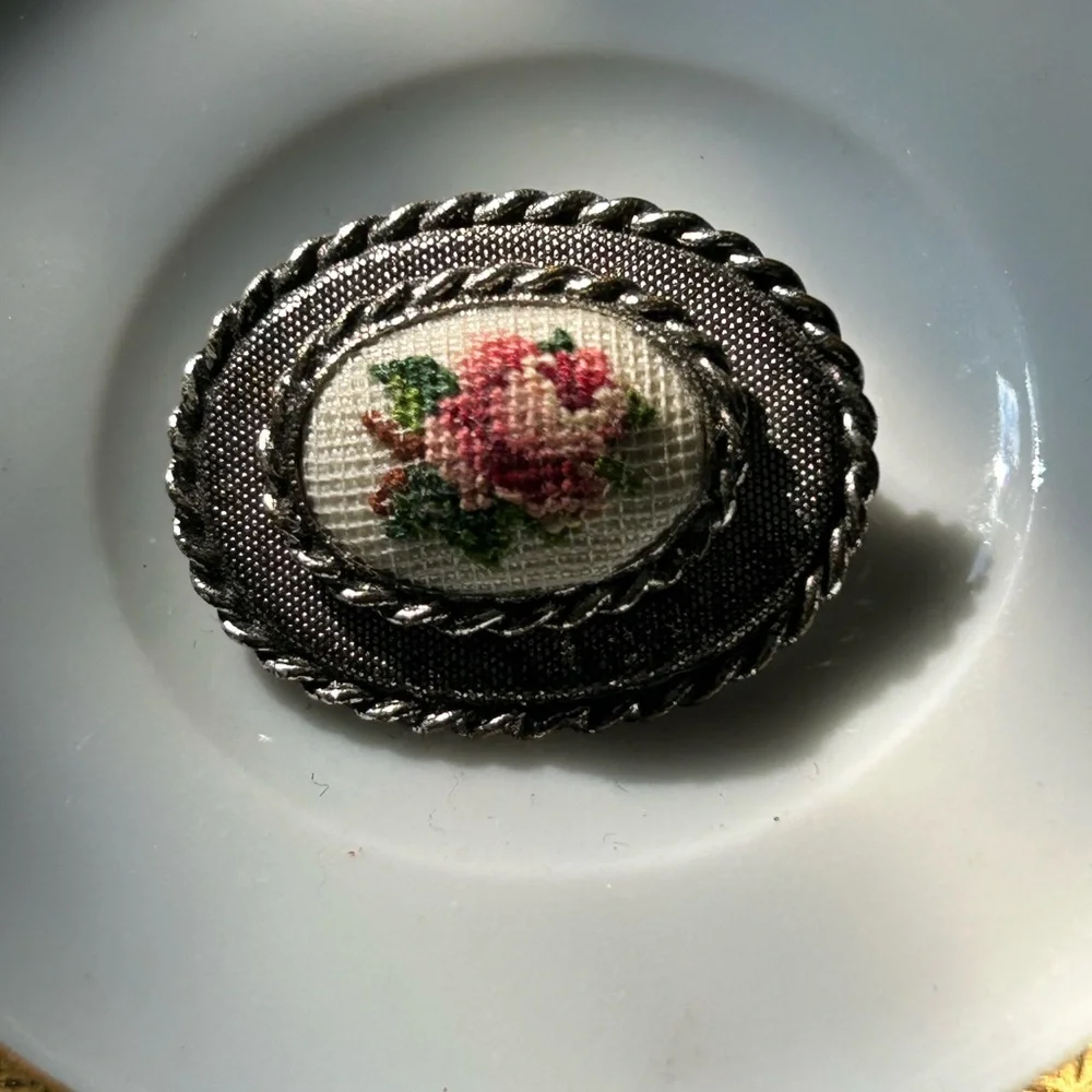 Vintage Petit Point Rose Brooch